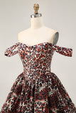 Khaki Leopard Off the Shoulder Corset A Line Mini Graduation Dress