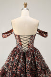 Khaki Leopard Off the Shoulder Corset A Line Mini Graduation Dress