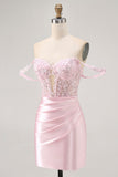 Pink Off The Shoulder Bodycon Corset Graduation Dress