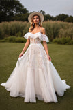 White Cold Shoulder Ruffled A Line Wedding Dress with Applique