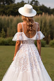 White Cold Shoulder Ruffled A Line Wedding Dress with Applique