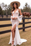 White Deep V Neck Mermaid Lace Wedding Dress with Slit