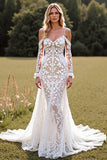 Mermaid Cold Shoulder Lace White Sweep Train Wedding Dress