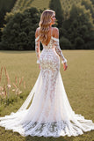 Mermaid Cold Shoulder Lace White Sweep Train Wedding Dress