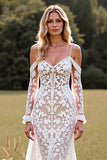 Mermaid Cold Shoulder Lace White Sweep Train Wedding Dress