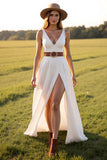 V Neck White A Line Western Wedding Dress with Slit