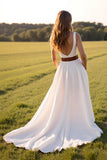 V Neck White A Line Western Wedding Dress with Slit