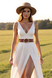 V Neck White A Line Western Wedding Dress with Slit