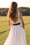 V Neck White A Line Western Wedding Dress with Slit