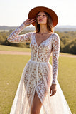 White Lace A Line Western Wedding Dress with Long Sleeves