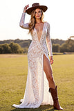 White Deep V Neck Sheath Lace Western Wedding Dress with Slit