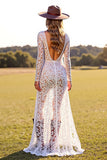 White Deep V Neck Sheath Lace Western Wedding Dress with Slit