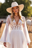 White A Line Flutter Sleeves Wedding Dress with Lace