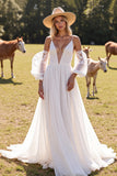 White Deep V Neck A Line Chiffon Sweep Train Wedding Dress