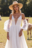White Deep V Neck A Line Chiffon Sweep Train Wedding Dress