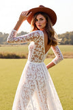 White Lace A Line Boho Wedding Dress with Slit