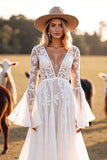 White A Line V Neck Western Wedding Dress with Lace