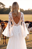White A Line V Neck Western Wedding Dress with Lace