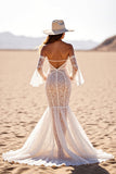 White Mermaid Flare Sleeves Lace Western Wedding Dress