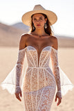 White Mermaid Flare Sleeves Lace Western Wedding Dress