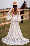 White Lace V Neck Sweep Train Wedding Dress with Slit