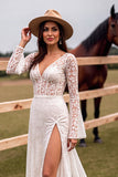 White Lace V Neck Sweep Train Wedding Dress with Slit