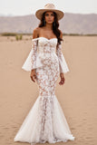 Mermaid White Lace Sweep Train Western Wedding Dress