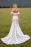 White High Low Lace Western Wedding Dress with Ruffles