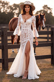 White V Neck Mermaid Lace Western Wedding Dress with Slit