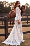 White V Neck Mermaid Lace Western Wedding Dress with Slit