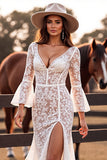 White V Neck Mermaid Lace Western Wedding Dress with Slit