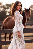 White V Neck Mermaid Lace Western Wedding Dress with Slit