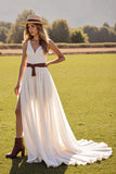 White Chiffon A Line Sweep Train Wedding Dress with Slit