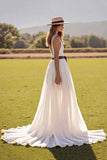 White Chiffon A Line Sweep Train Wedding Dress with Slit