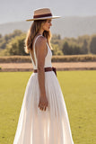 White Chiffon A Line Sweep Train Wedding Dress with Slit
