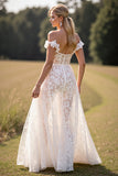 White A Line Lace Western Wedding Dress with Slit