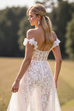 White A Line Lace Western Wedding Dress with Slit