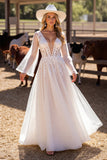 A Line White Deep V Neck Wedding Dress with Lace