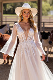 A Line White Deep V Neck Wedding Dress with Lace
