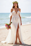 White A Line Chiffon Beach Wedding Dress with Slit