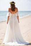 White A Line Chiffon Beach Wedding Dress with Slit