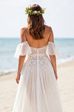 White A Line Chiffon Beach Wedding Dress with Slit