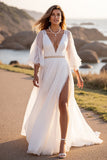 White A Line V Neck Sweep Train Wedding Dress with Slit