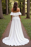 Simple White A Line Sweep Train Wedding Dress with Ruffles