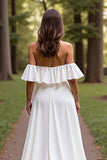 Simple White A Line Sweep Train Wedding Dress with Ruffles
