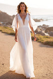 White V Neck Sweep Train Wedding Dress with Ruffles