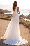 White V Neck Sweep Train Wedding Dress with Ruffles