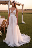 A Line White Spaghetti Straps Sweep Train Wedding Dress with Lace