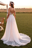 A Line White Spaghetti Straps Sweep Train Wedding Dress with Lace