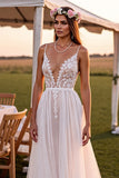 A Line White Spaghetti Straps Sweep Train Wedding Dress with Lace